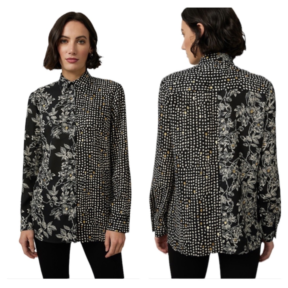 Joseph Ribkoff Black-Ecru Mixed Print Blouse Size 8 NEW